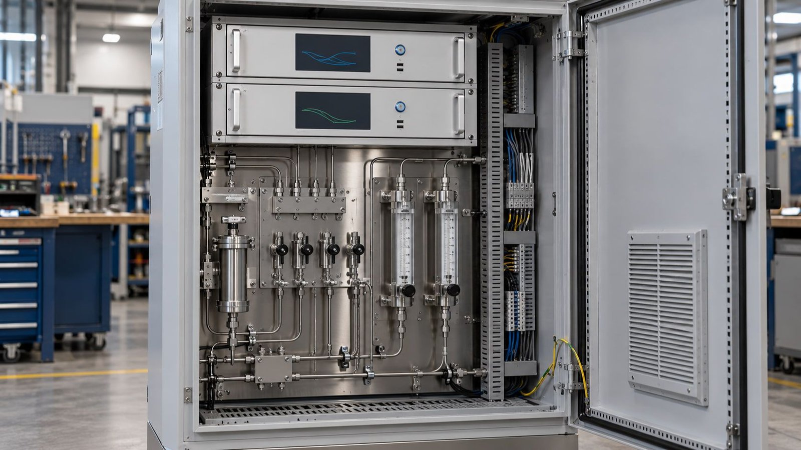 Illustration of an analyzer cabinet with two rack-mounted analyzers above a sample panel with filters, valves and flow meters.