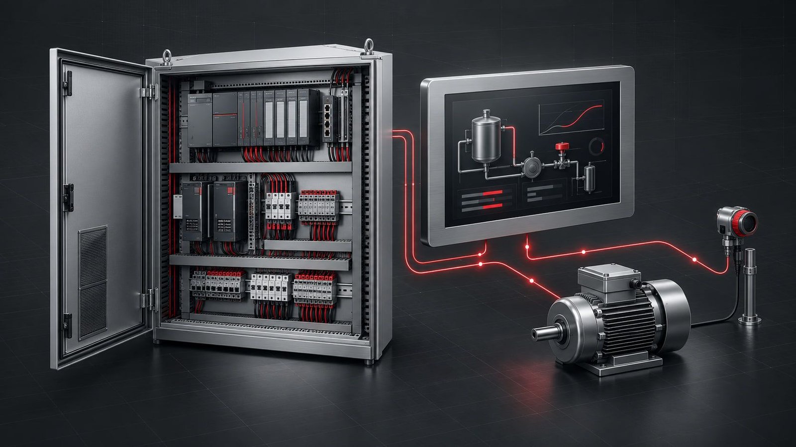 Illustration of a control cabinet with a PLC and protection devices, an HMI panel, a motor and a sensor.