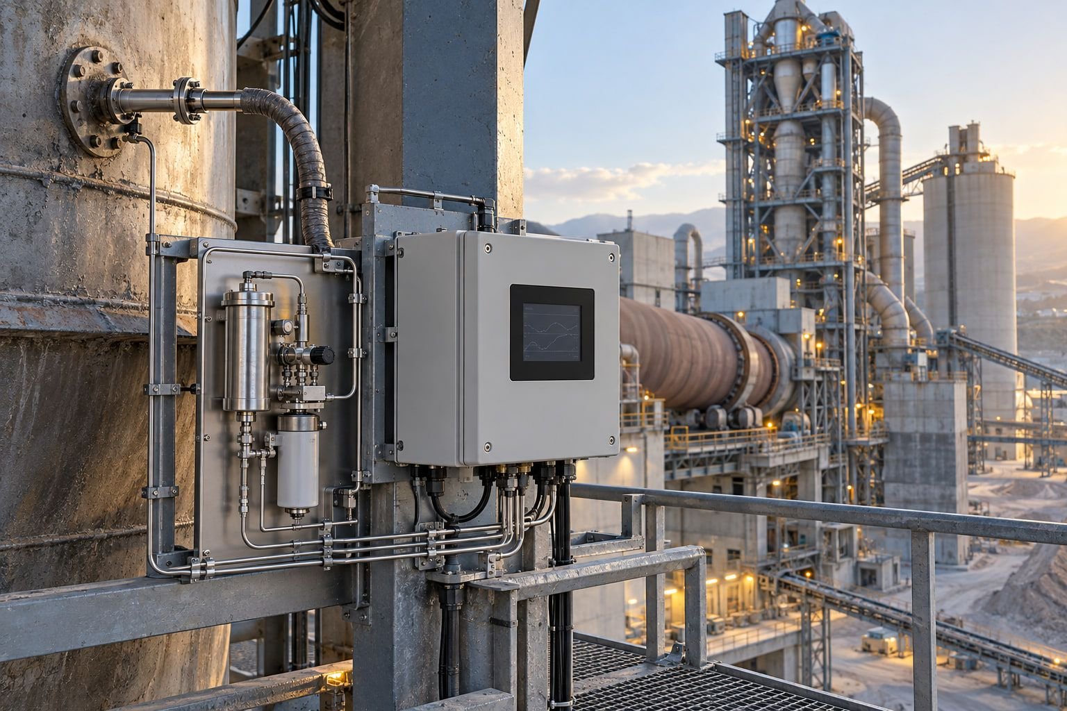 Illustration of a sample conditioning panel and analyzer cabinet mounted on a silo, with a rotary kiln and preheater tower behind.