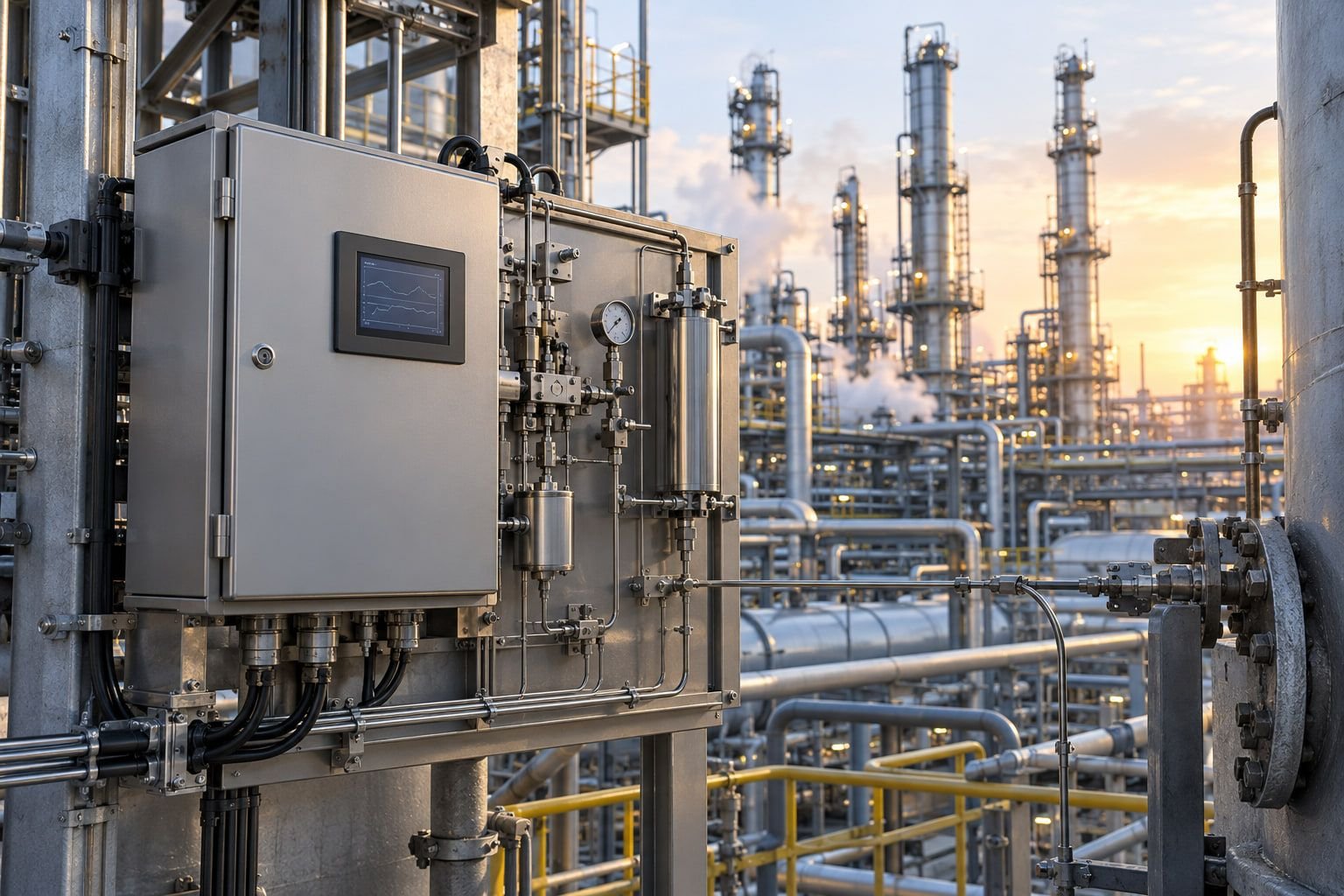 Illustration of an analyzer cabinet with a sample conditioning panel on a vessel, among petrochemical columns and dense process piping.