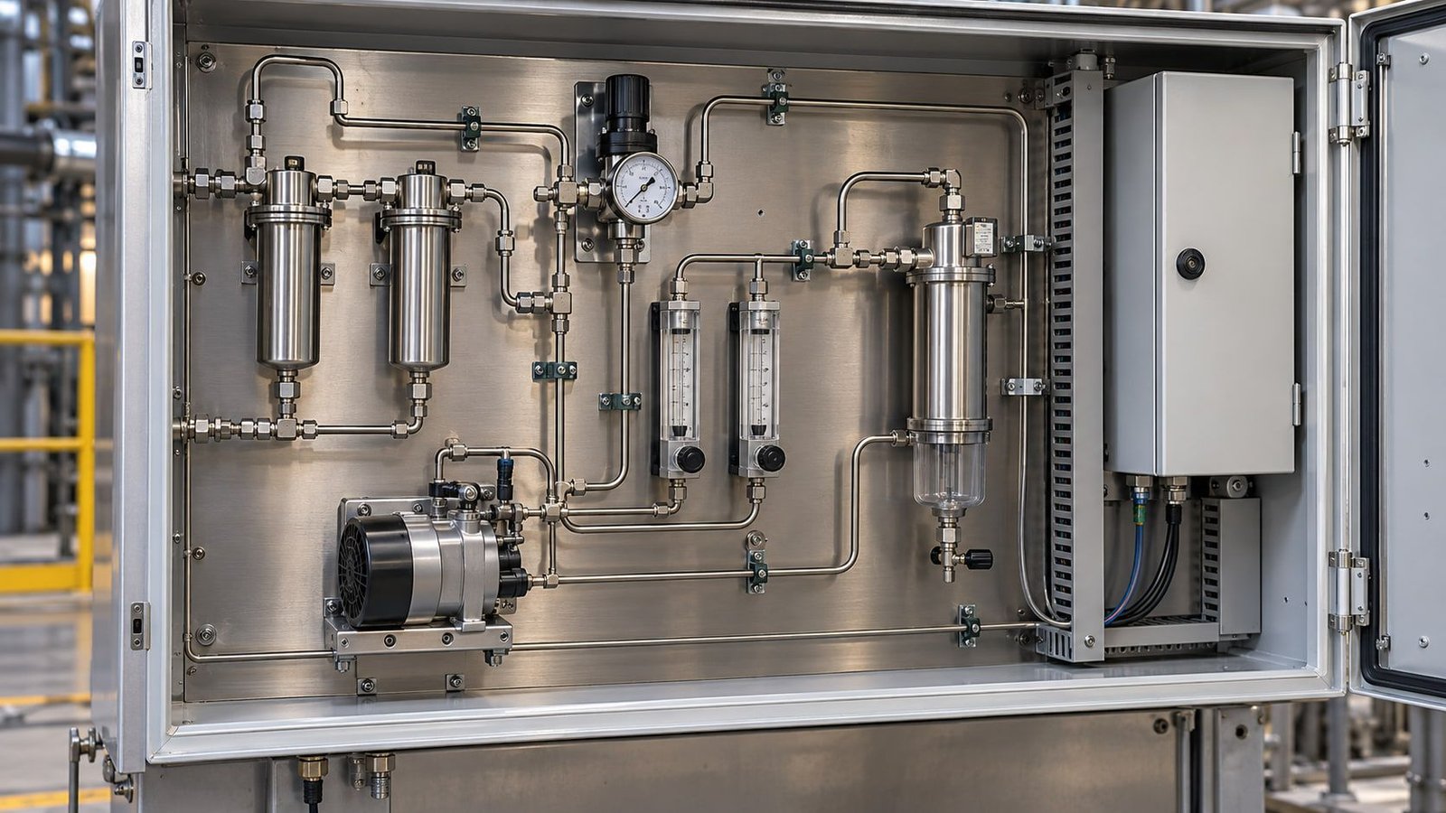 Illustration of a sample conditioning panel: filters, a pump, a pressure regulator with gauge, two flow meters and a condensate trap.