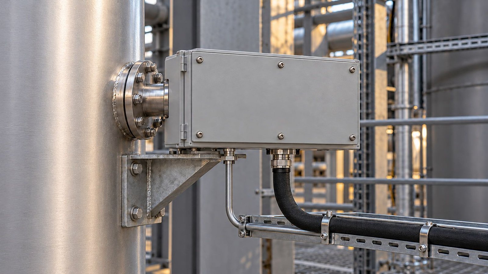 Illustration of a sampling enclosure bolted to a flanged nozzle on a process vessel, with sample tubing and cable run to a tray.