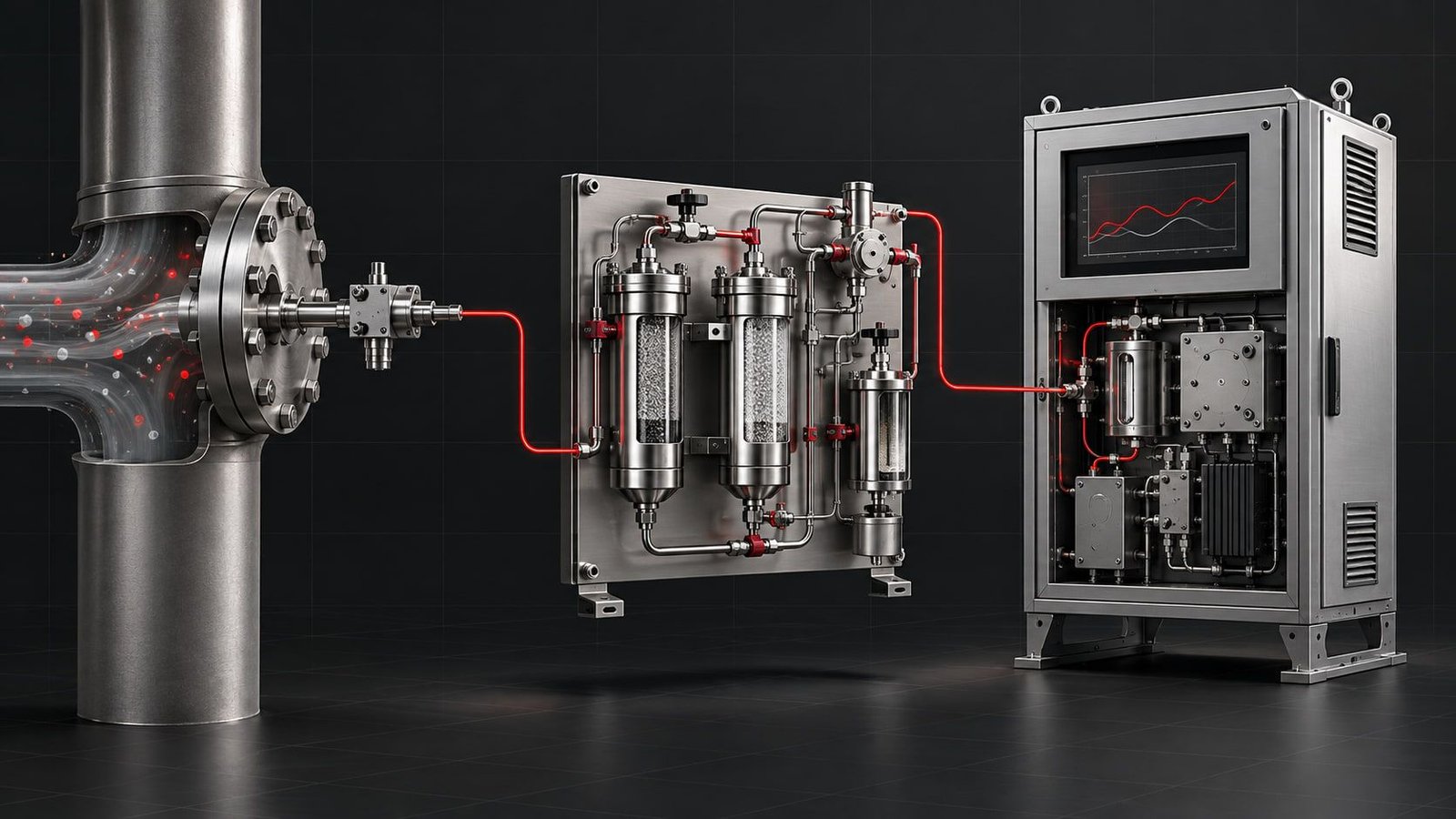Illustration of a measurement chain: a sample tap on a process pipe, a sample conditioning panel and an analyzer cabinet.