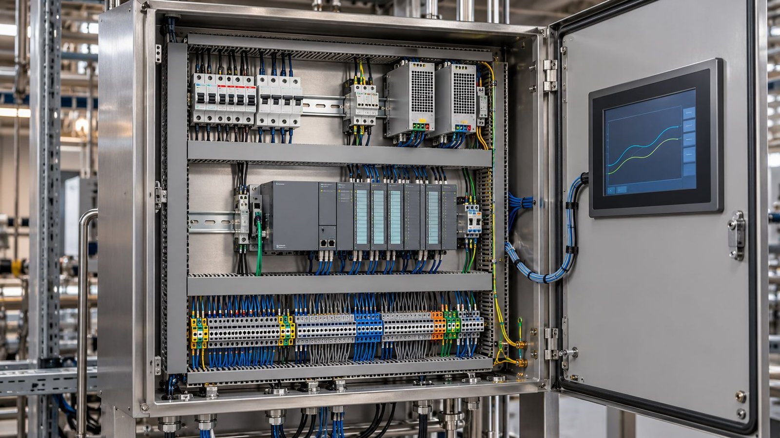Illustration of a control cabinet with circuit breakers, power supplies, a PLC with I/O modules, terminal rows and an HMI panel in the door.