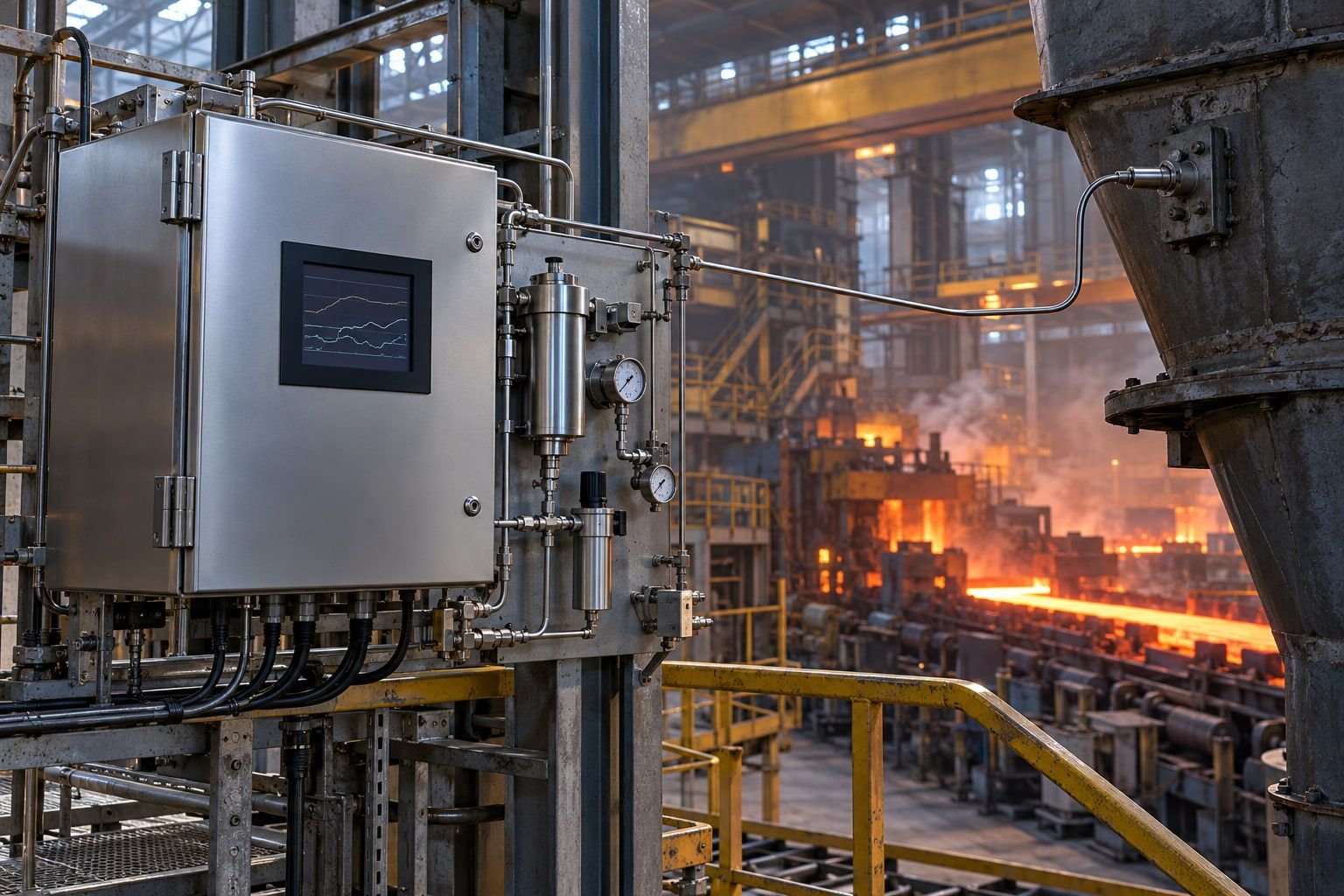 Illustration of an analyzer cabinet with sample filters and gauges in a steel mill, with a hot rolling line and an extraction hood behind.