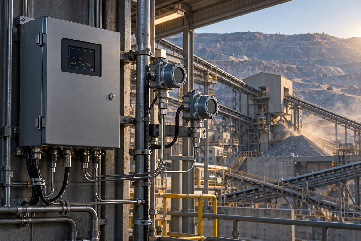 Illustration of a monitoring enclosure and two gas detectors on pipework at an open-pit mine, with conveyors and a stockpile behind.