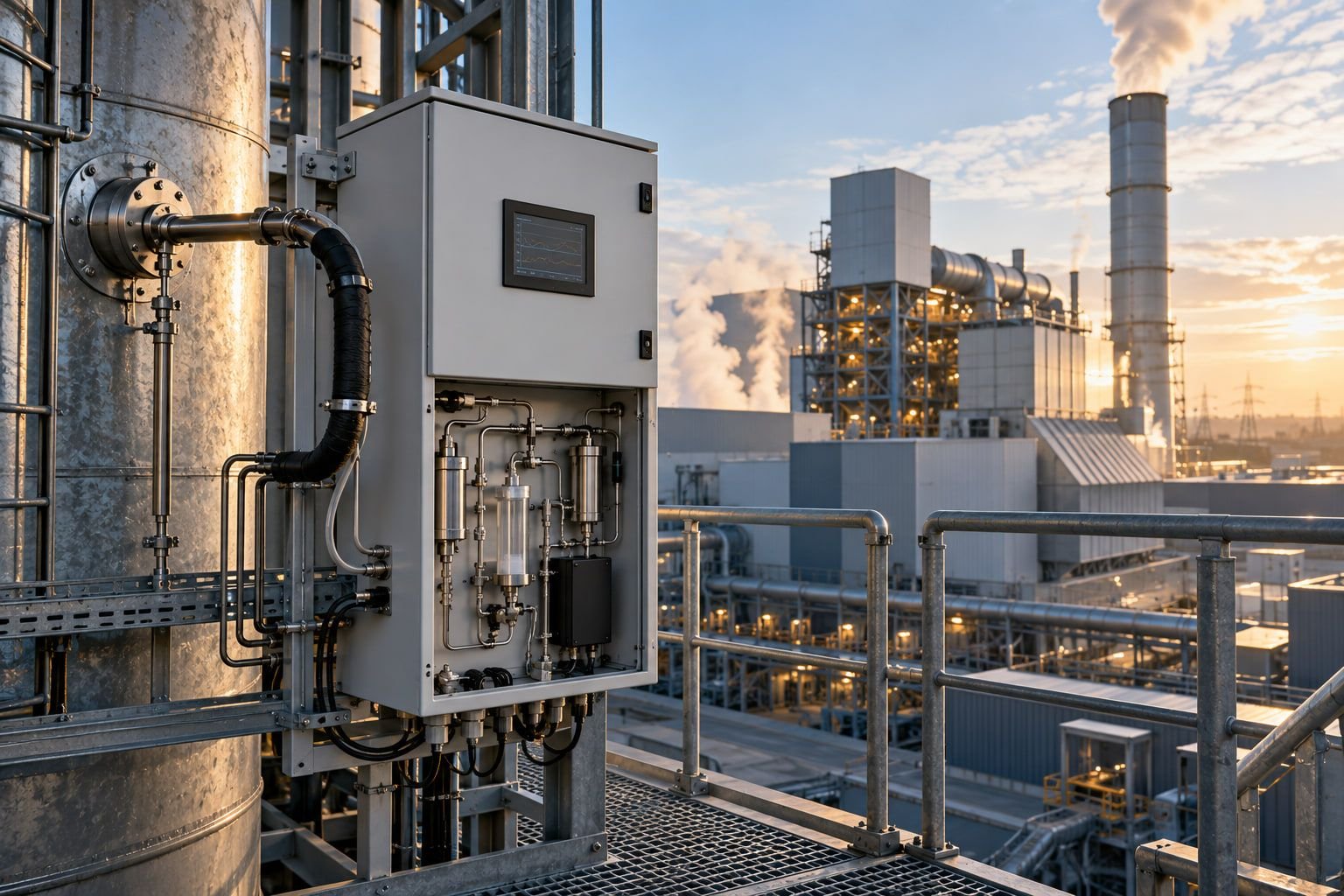 Illustration of an analyzer cabinet and sample conditioning panel on a stack duct at a power plant, with steam plumes and stacks behind.